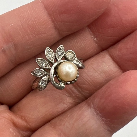 Avon Jewelry - Avon Silver Ring with Pearl and Crystal Accents
